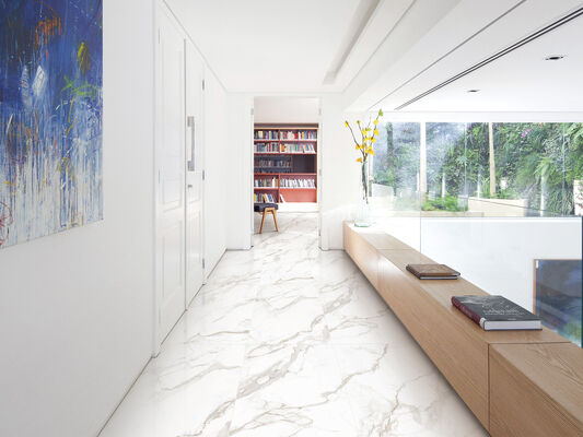 ซื้อ แผ่นพื้นภายในที่มีความทนทานและทนทาน Calacatta 600x1200mm Replica กระเบื้อง Porcelain กระจกสําหรับครัวและโครงการ การผลิตออนไลน์