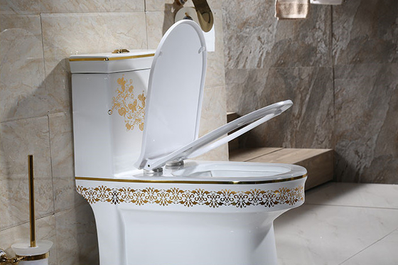 โถสุขภัณฑ์เซรามิกแบบชิ้นเดียว ลายทอง พร้อมระบบชำระล้างแบบ Dual Flush 3 ลิตร/6 ลิตร