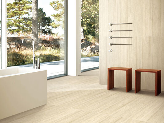 แอนติแบคทีเรียและเป็นมิตรกับสิ่งแวดล้อม สีเหลืองอ่อนพื้นภายใน Travertine 600x1200mm แมทท โปรเซลีน Tile สําหรับห้องนอนและห้องนั่งเล่น