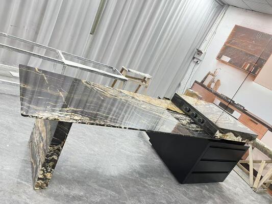 Stunning and Stylish 2900x850mm Elegant Firebrick Brown and Black Luxury Stone Countertop Polished Marble Slabs for Renovation and Building with LED Light Strip